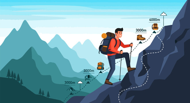 Man hiking up steep mountain trail with backpack and trekking poles