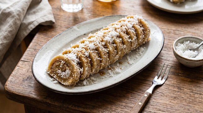 Slices of traditional Indonesian sweet getuk gulung cassava roll cake with a brown palm sugar filling swirl, topped with fresh shredded coconut on a speckled ceramic plate.