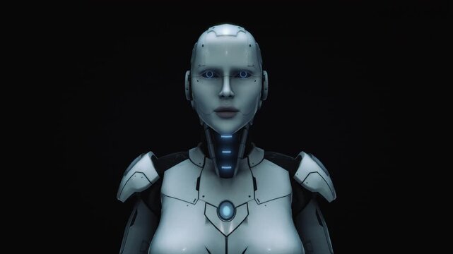 Close-Up of a Female Robot with Glowing Chest and Neck Lights