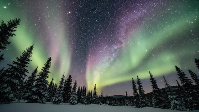 Vibrant aurora borealis paints the starry night sky above snow-covered trees
