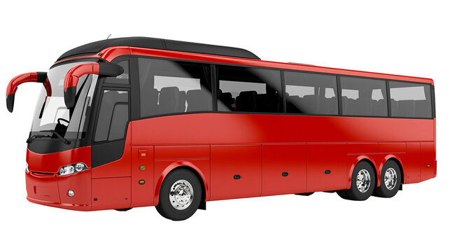 Red modern passenger bus with tinted windows and chrome wheels