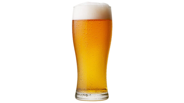 Tall glass of golden beer with frothy head and bubbles