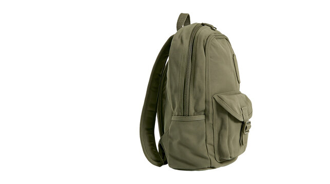 Olive green canvas backpack with multiple pockets and zippers