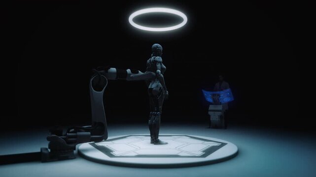 Female Robot Standing on a Platform Under a Ring Light with a Person