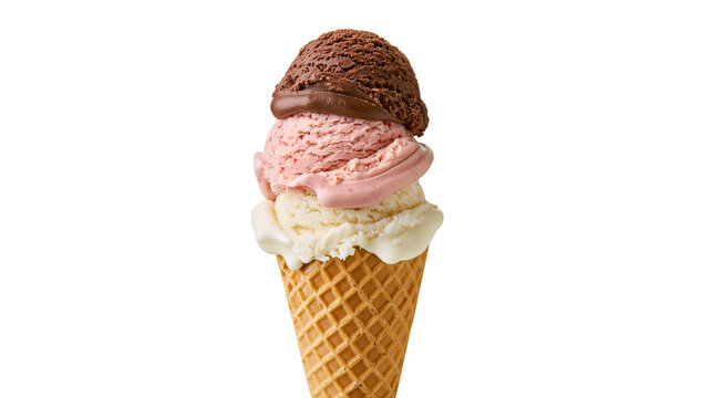 Triple scoop ice cream cone with chocolate strawberry, and vanilla flavors