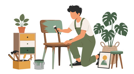 Fototapeta premium Artist At Easel Painting In Studio With Plants.