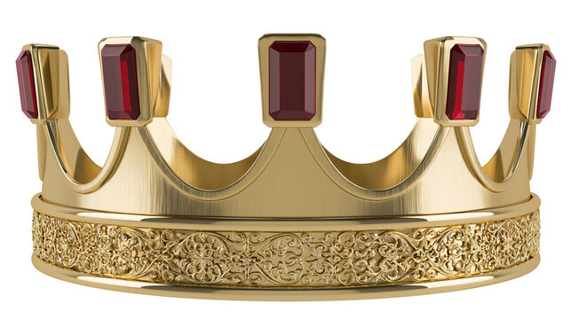 Ornate gold crown with red gemstones and intricate filigree band