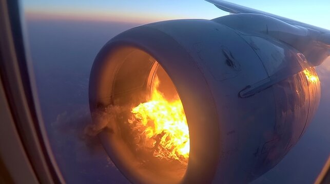 airplane aircraft engine fire burning smoke emergency aviation turbine jet flight inside cabin, burning aircraft engine failure, aviation crisis, mechanical malfunction, safety risk emergency scenario