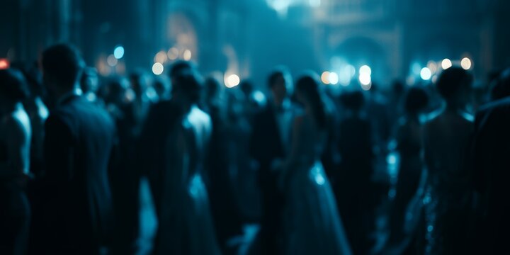 Blurred silhouette of elegant people in evening gowns and suits dancing at a formal gala ballroom party under blue ambient lights, representing luxury celebration events and nightlife