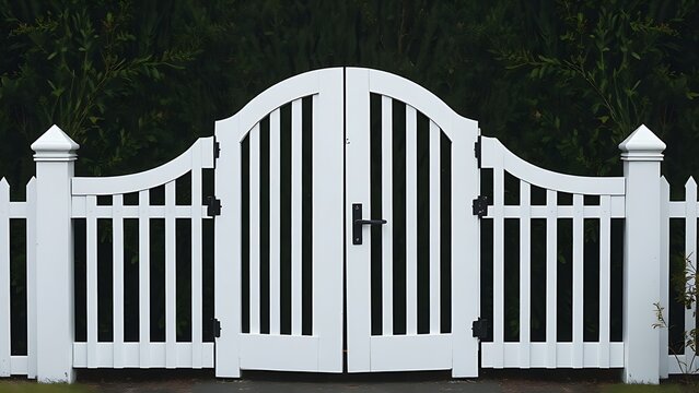 White garden gate in front of a tall, dense privet hedge.