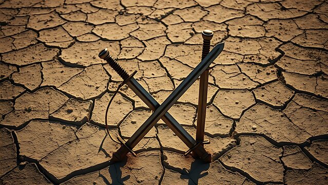 Two rusted longswords crossed and planted in cracked, dry earth.