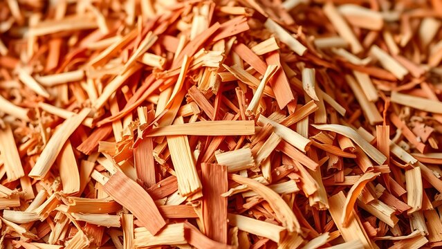 Pile of vibrant orange-red padauk wood shavings contrasted with pale shavings.