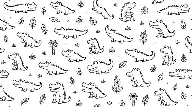 Playful Crocodile Pattern with Tropical Plants.