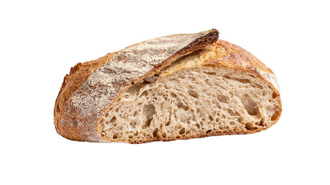 Artisan sourdough bread loaf cut in half showing airy crumb