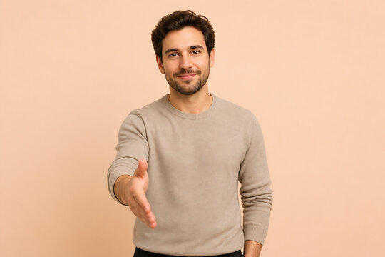 A smiling man in a beige sweater is posing with his hand raised against a plain background.