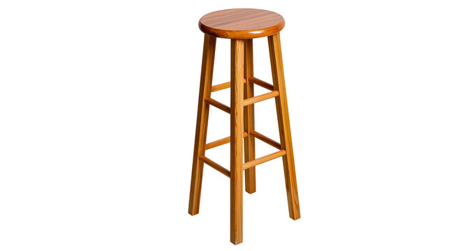 Wooden bar stool with round seat and four legs connected by crossbars