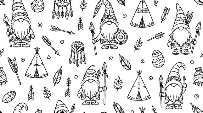 Whimsical gnome and teepee themed seamless pattern design.