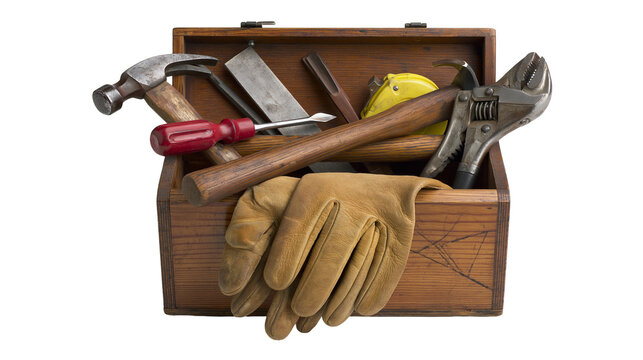 Wooden toolbox filled with assorted tools and leather work gloves