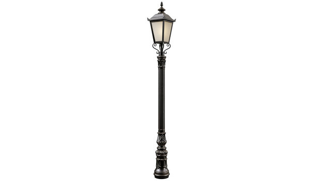Ornate black metal street lamp with frosted glass lantern