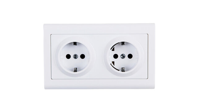 Double European electrical socket outlet, white plastic