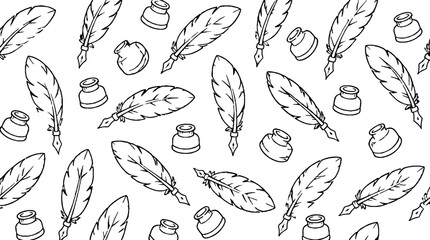 Fototapeta premium Vintage feather quill and inkwell illustration set.