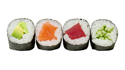 Four sushi rolls with avocado salmon tuna, and cucumber fillings © Patricia