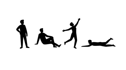 Fototapeta premium Human Poses Silhouette Illustration Depicting Standing, Sitting, Stretching, and Lying Figures in Simple Flat Design on White