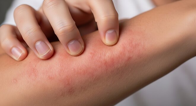 Close-up of a person scratching an itchy red rash on their arm.