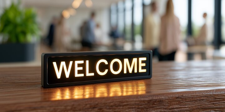 Glowing neon welcome sign on a textured wooden reception desk with blurred office background, representing warm corporate hospitality and symbolizing professional customer reception service