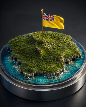 Ultra Detailed 3D Topographic Map of Niue with National Flag on Premium Metallic Display Stand