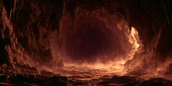 Dark mysterious cave filled with stalactites and glowing orange mist over rocky terrain, illustrating fantasy concept art and adventure game backgrounds