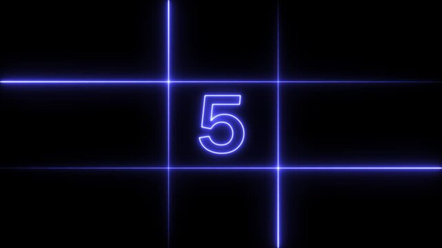 Glowing blue neon number eight centered inside a grid of intersecting horizontal and vertical lines on a solid black background for countdown timer