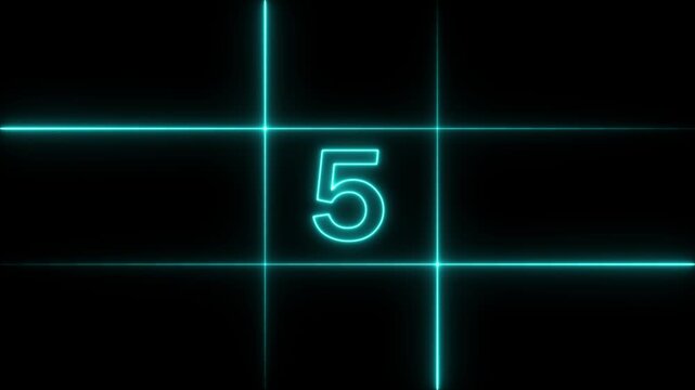 Glowing cyan neon number eight centered in a bright grid frame against a dark black background for digital countdown or timer display