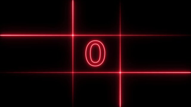Glowing red neon number three centered in a bright grid frame against a dark black background for digital countdown or timer display