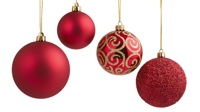 Four red Christmas ornaments with gold hanging strings