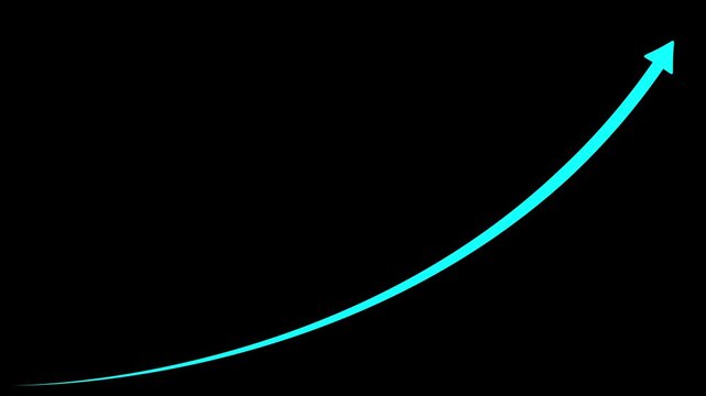 Simple cyan curved arrow pointing upwards and to the right on a solid black background representing growth progress and positive financial trends