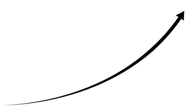 Simple black curved arrow pointing upwards and to the right on a solid white background representing growth progress and positive financial trends