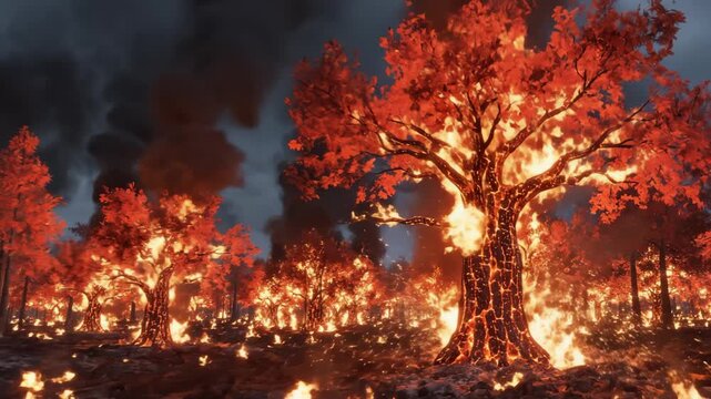 devastating forest wildfire with glowing burning trees and thick black smoke, natural disaster, climate change, emergency and environmental catastrophe
