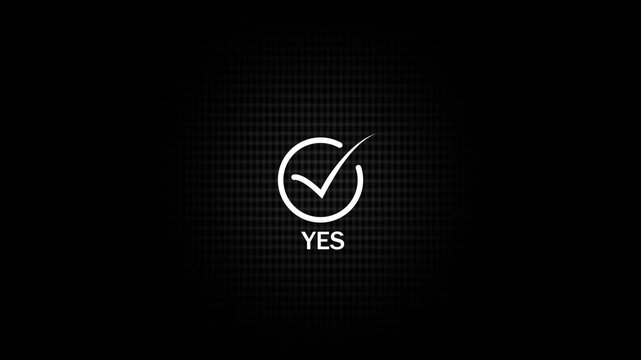 White checkmark symbol inside a circle with the word yes underneath on a dark digital grid background representing success and positive confirmation