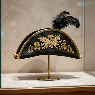 Luxurious French Empire bicorne hat, decorated with golden embroidered lace on the brim, black ostrich feather plume tucked inside the fold, resting on a marble bust (without face, just the base), ele