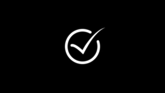 White hand drawn style checkmark symbol inside a circle on a solid black background representing a simple choice or a positive confirmation action