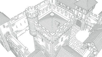 Medieval Castle Fortress Illustration - Aerial View of Towers and Walls © beni