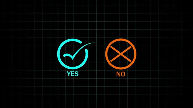 Cyan checkmark inside a circle with the word yes underneath on a dark grid background accompanied by an orange loading arc symbol