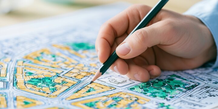 Close up of professional architect hand holding pencil drawing on colorful urban planning map blueprint, representing sustainable architectural development and modern city design