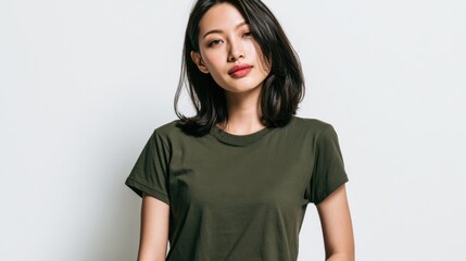 Fototapeta premium Portrait of a Young Woman: A young woman with a serene expression and dark hair styled in a bob, wearing a plain olive-green t-shirt, looks directly at the camera.