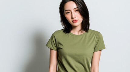 Obraz premium Olive T-shirt Model: A young woman with a chic bob haircut and fair skin poses confidently in a plain olive green t-shirt, looking directly at the camera with a gentle smile.