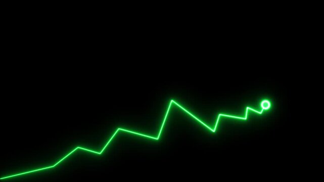 Bright green neon line graph showing upward trend with a circular point on a black background for financial data analysis and business growth