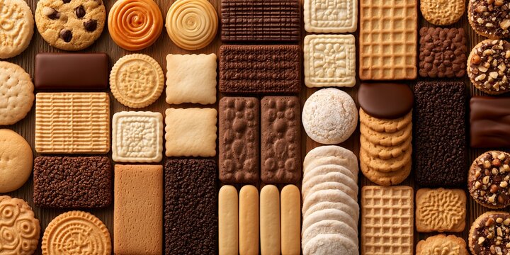 Top view of various assorted sweet cookies and biscuits arranged neatly on a wooden background, illustrating confectionery menu options or festive holiday treats