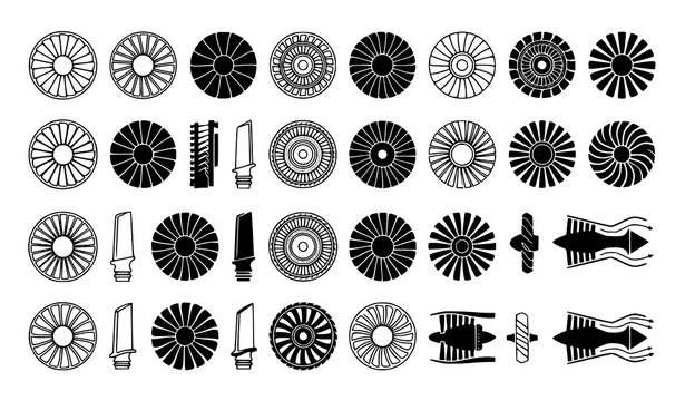 Aircraft Engine Turbine Blade Monochrome Vector Icon Set