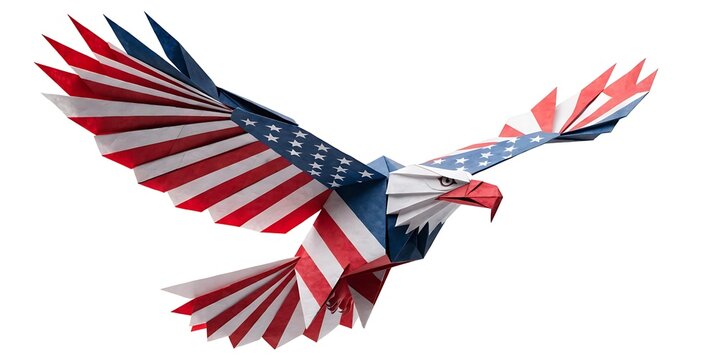 American flag patterned origami eagle in flight symbolizing national heritage with american patriotic national creative independence sculpture isolated background majestic powerful